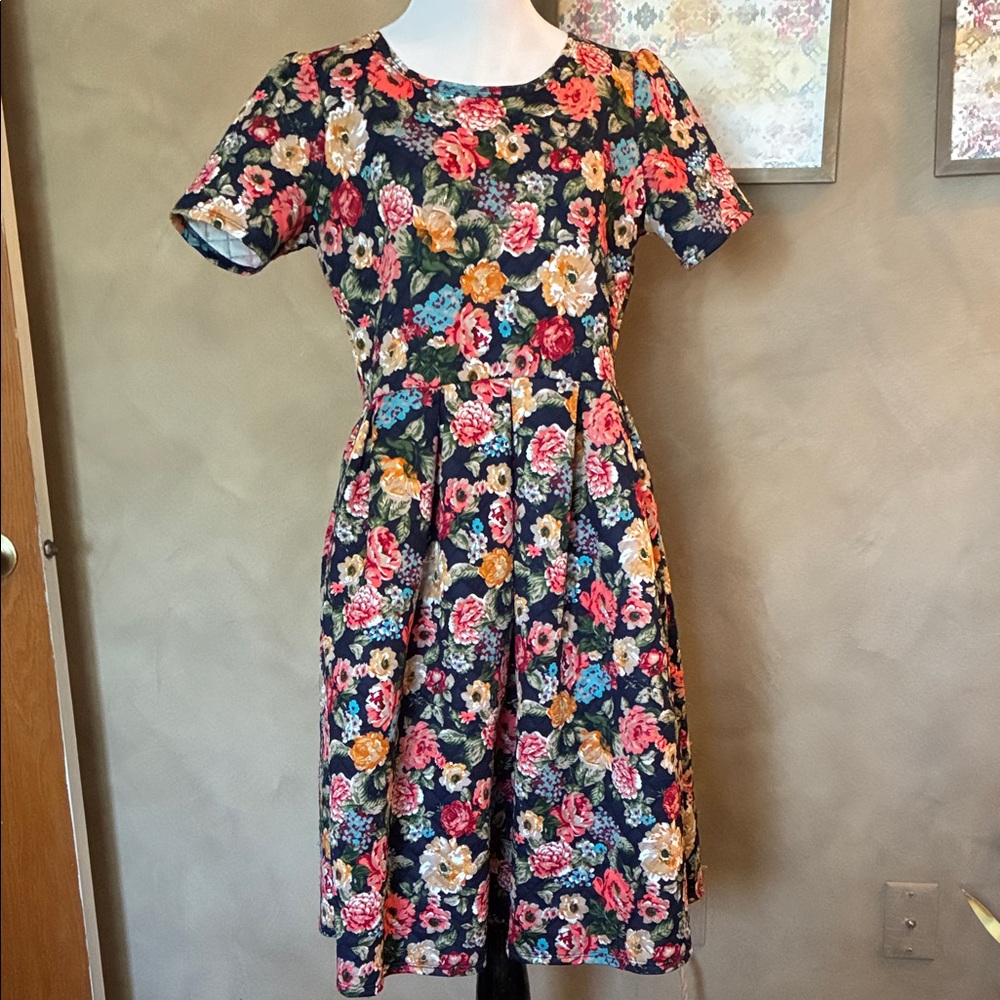 LuLaRoe Amelia Large Navy Multicolor Floral Fit & Flare Midi Dress